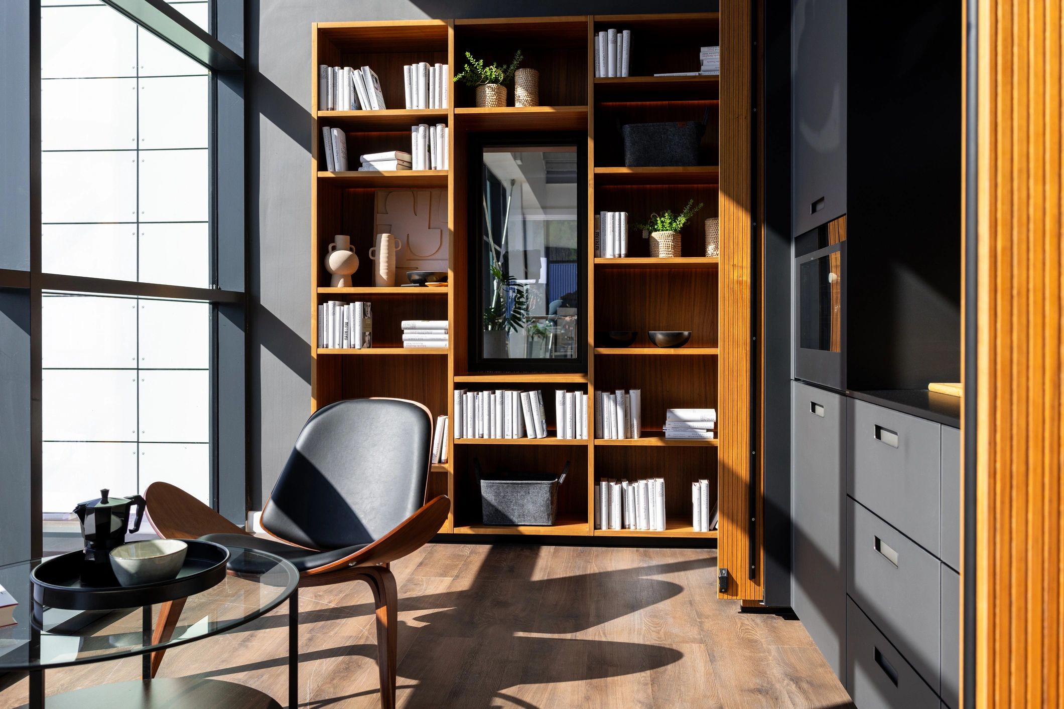 Interior with large windows and tailored shades
