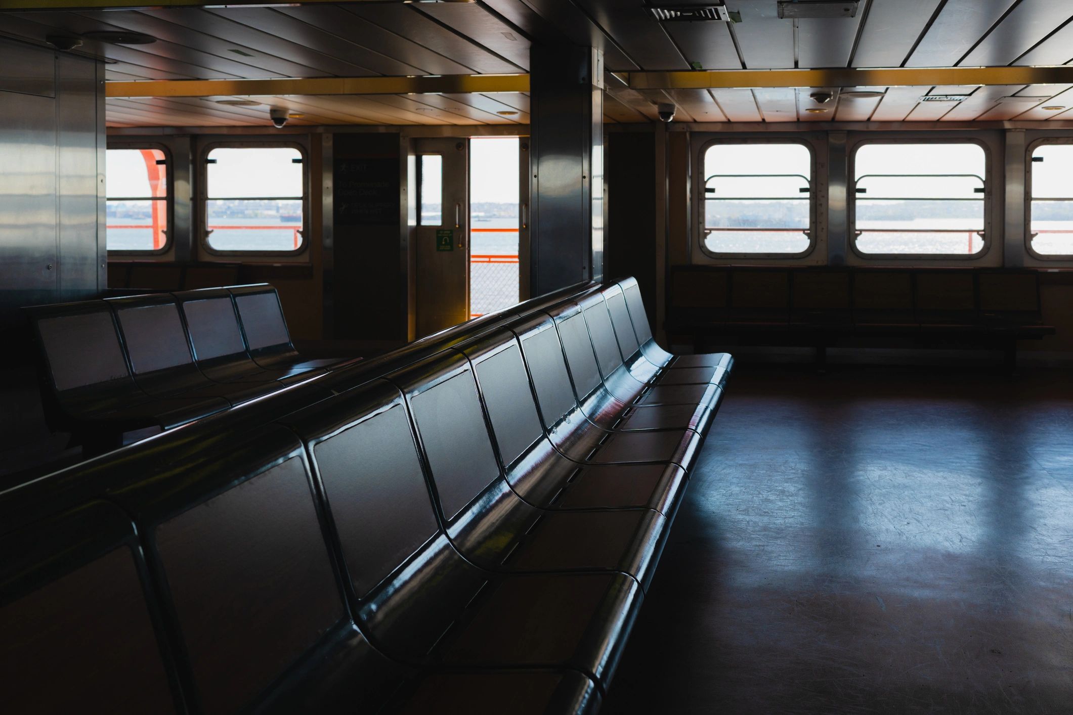 Interior seating showing durable upholstered benches